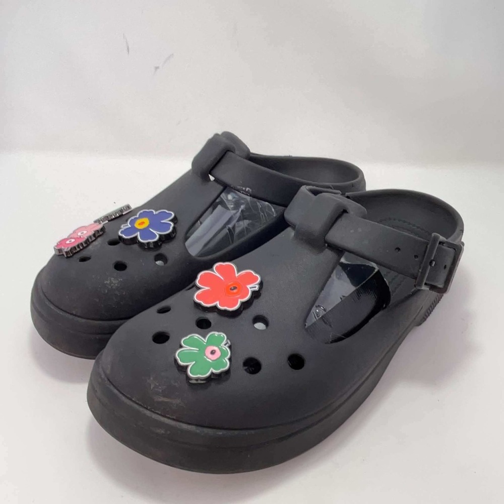 Crocs Stomp Mary Jane Platform Clogs Black Floral Charms Jibbitz Womens Size 9